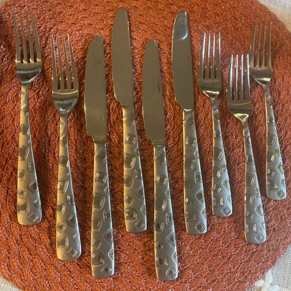 Cambridge Bedrock Sand Flatware Geometric Mod 3 Salad Fork/2 Dinner Fork/4 Knife - Picture 2 of 9